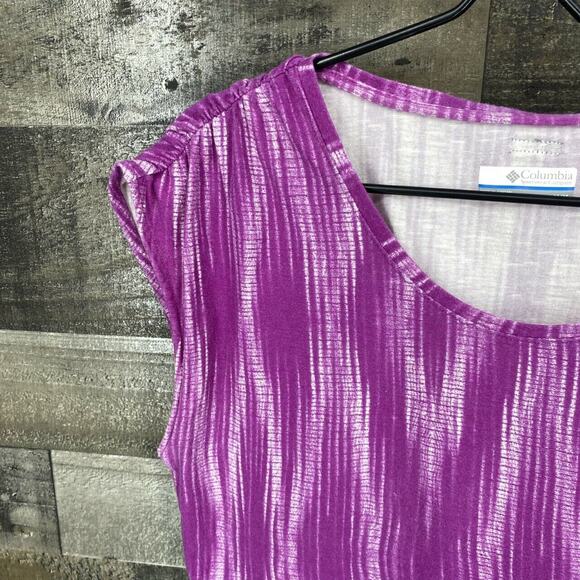 Columbia Women's Cap Sleeve Crew Neck T-Shirt Size Medium Purple Abstract Print - Picture 3 of 7
